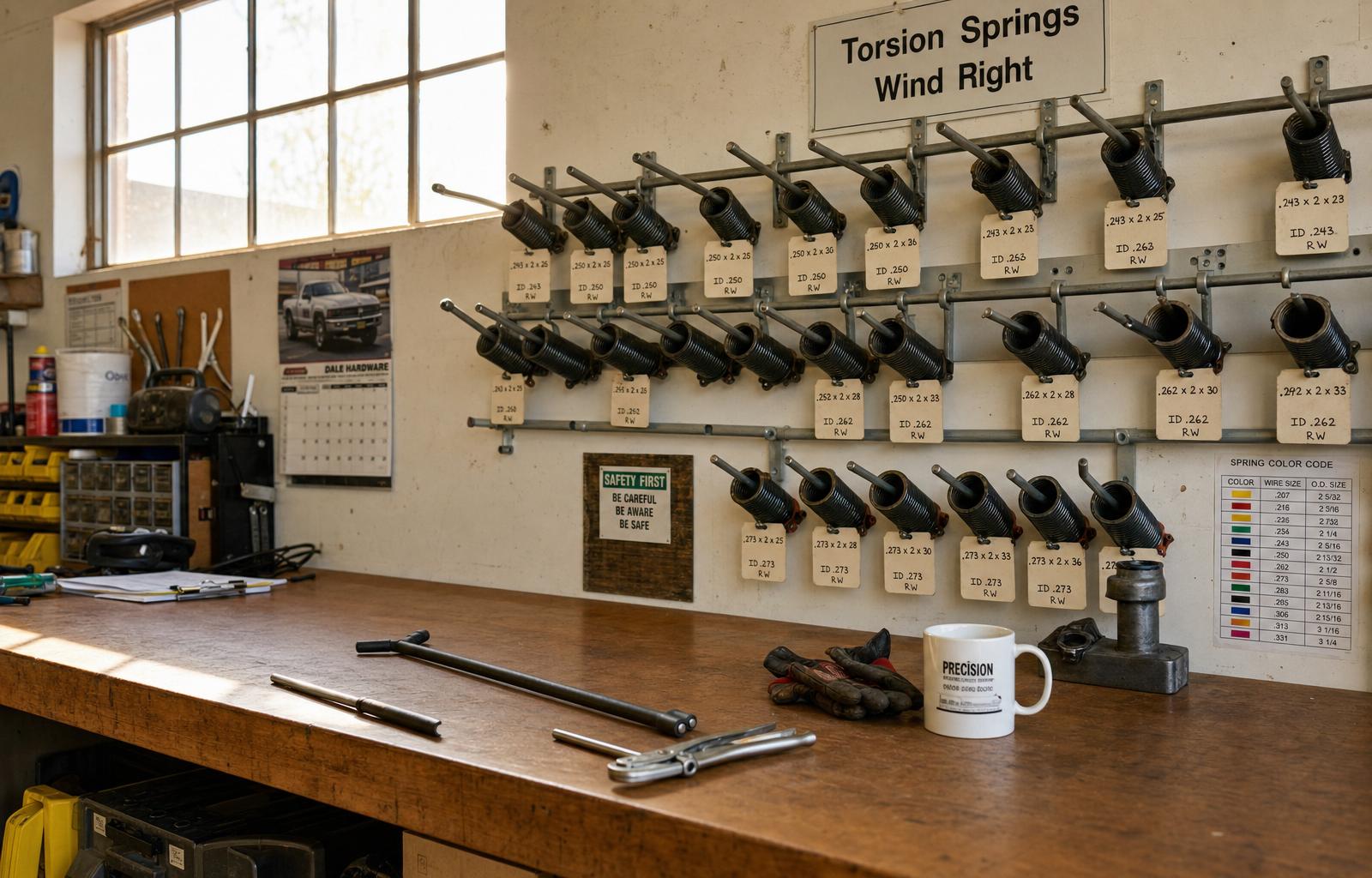 Small trade shop interior workbench with torsion spring inventory racked behind