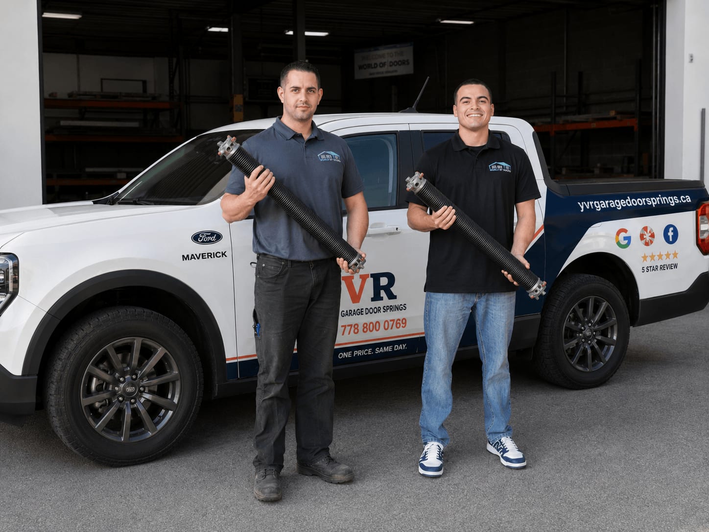 Two YVR Garage Door Springs technicians in branded uniforms standing in front of their wrapped Ford Maverick service truck, each holding a wound residential torsion spring. The truck wrap displays the YVR Garage Door Springs logo, the phone number 778 800 0769, the website yvrgaragedoorsprings.ca, the slogan 'One price. Same day.', and a 5-star review badge.