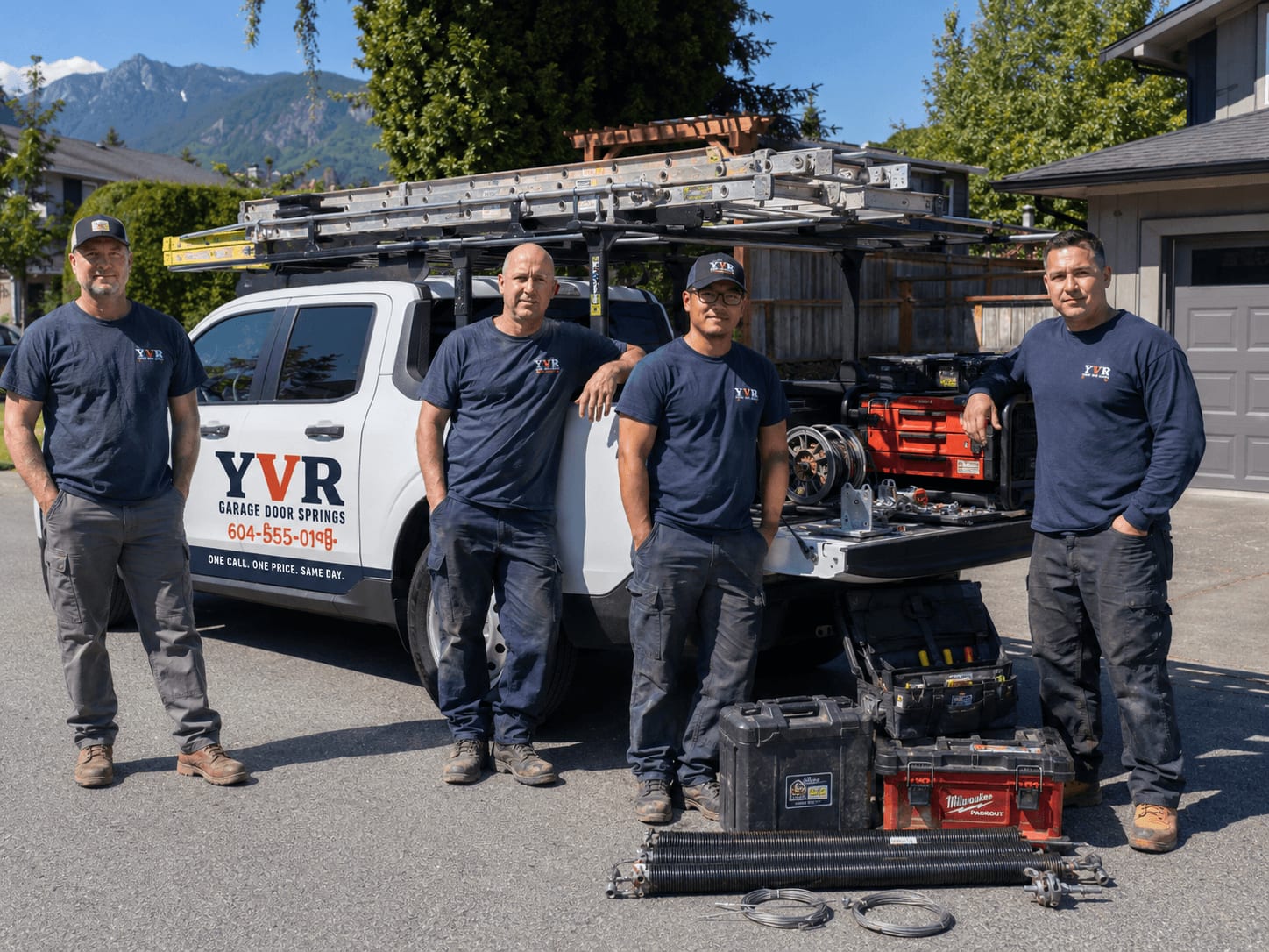 Four YVR Garage Door Springs technicians in navy uniforms standing in front of their wrapped white service truck, with North Shore mountains in the background and a tailgate full of replacement springs, openers, and tool boxes — the same working techs who write these posts.