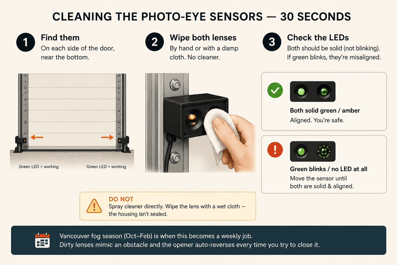 Three-step infographic on cleaning garage door photo-eye sensors in 30 seconds.