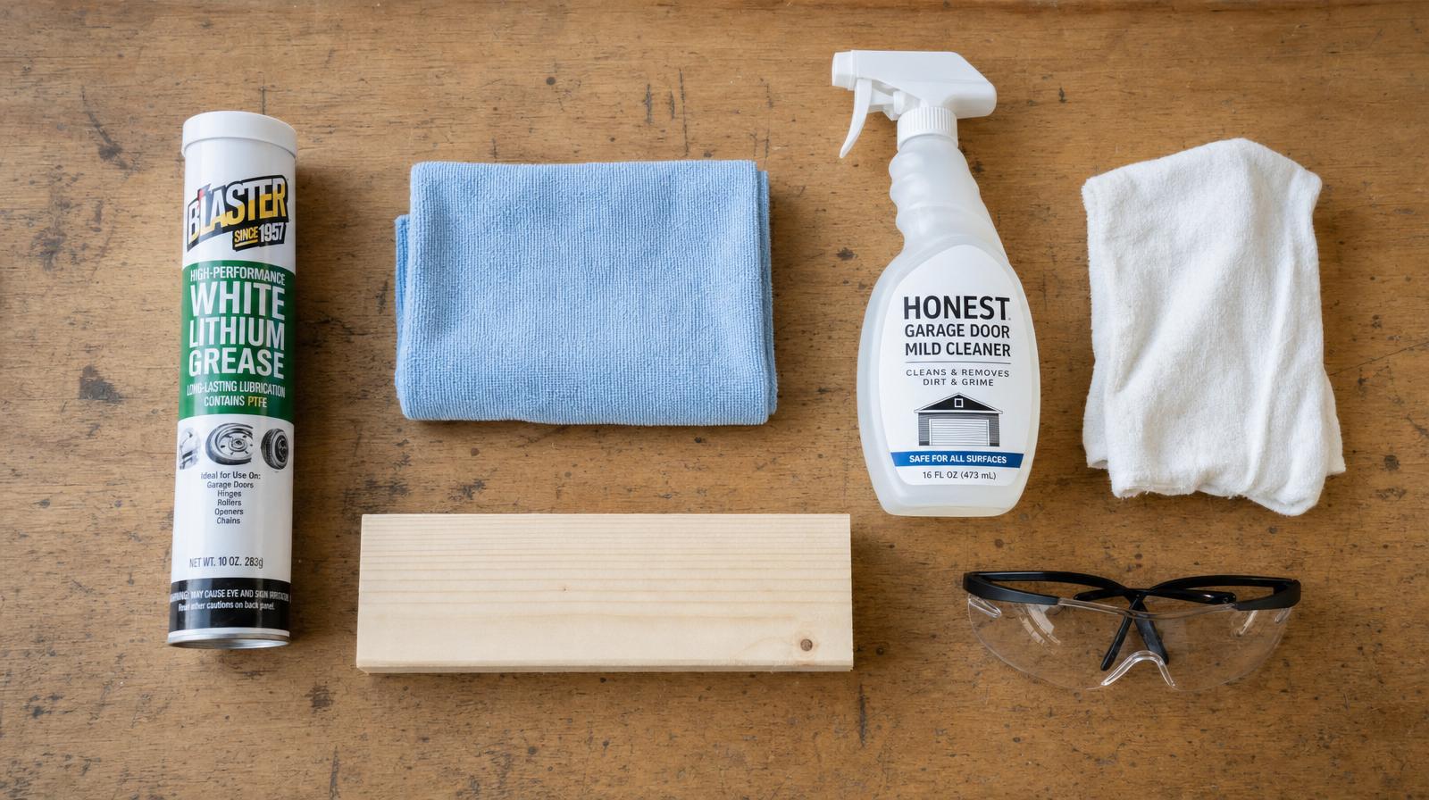 Homeowner garage door maintenance kit laid out on a workbench