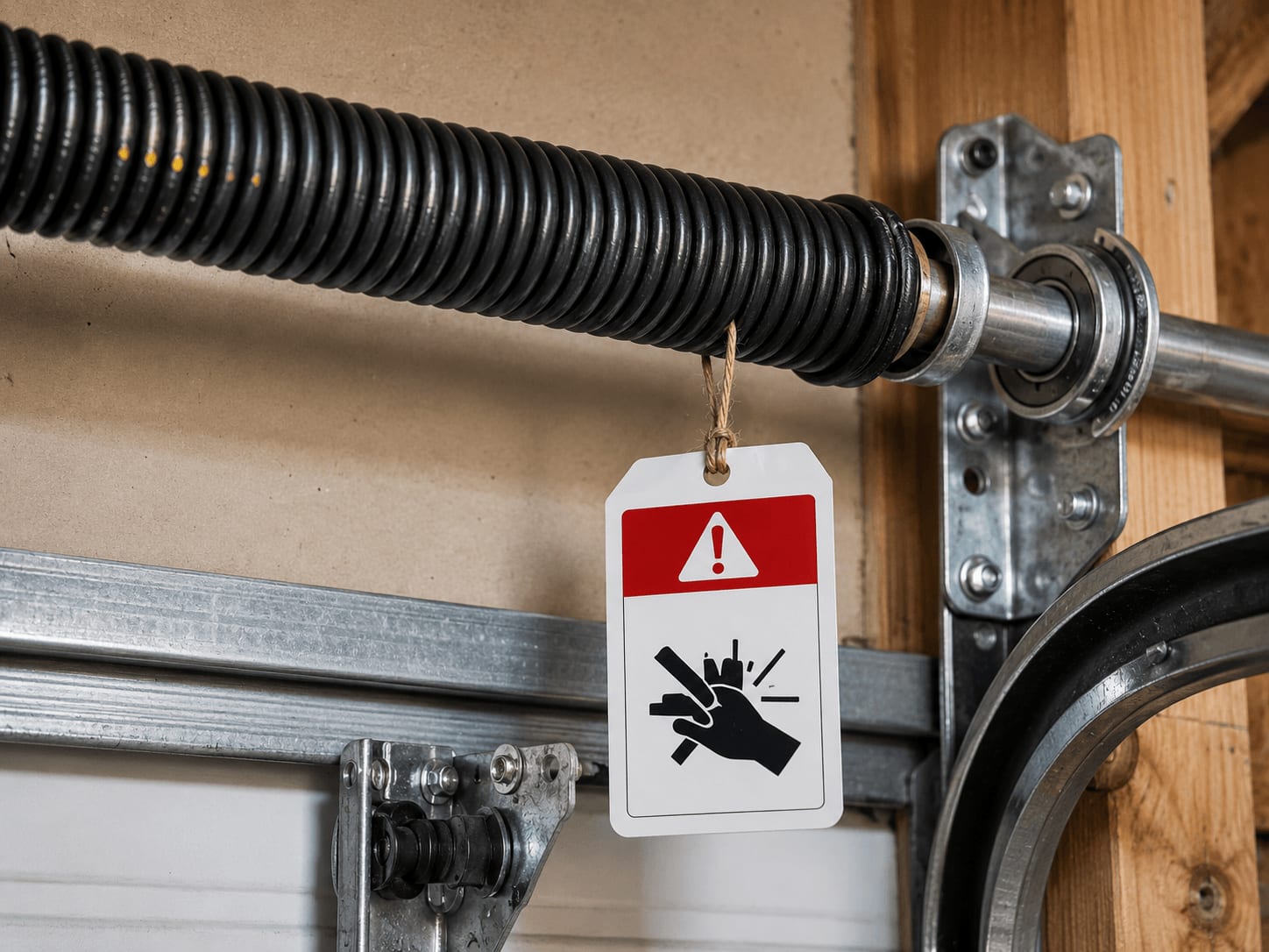 A wound residential garage door torsion spring with a pinch-point / impact-hazard warning tag tied to it.