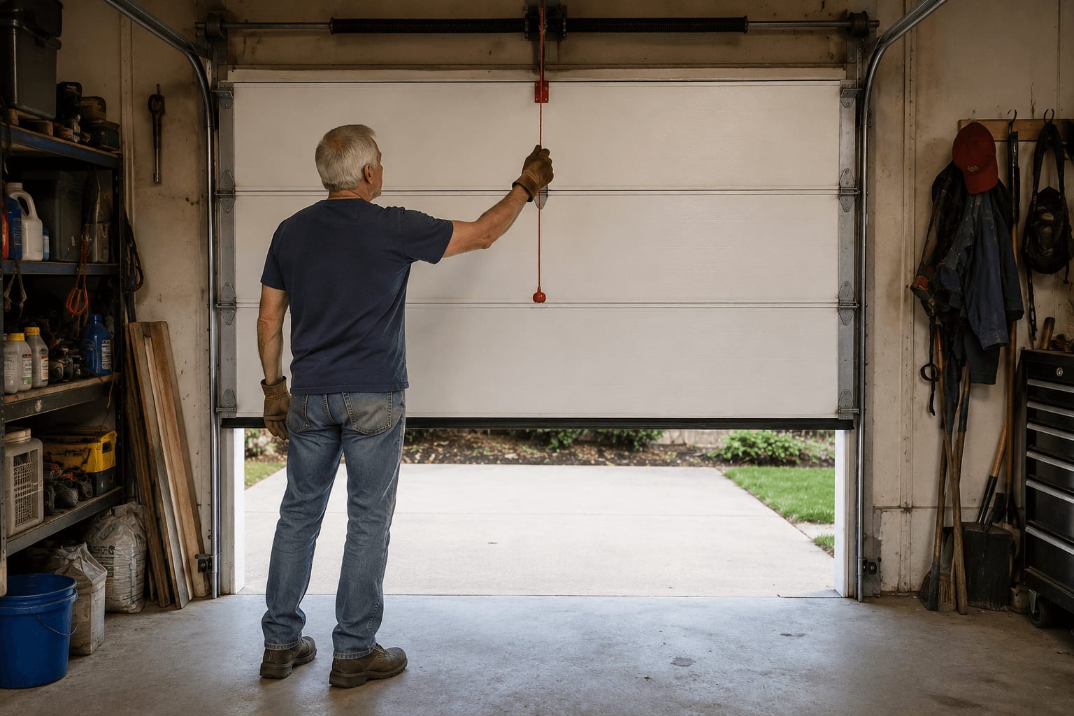 A homeowner pulling the red emergency-release cord on a residential garage door opener — step two of the 60-second balance test.