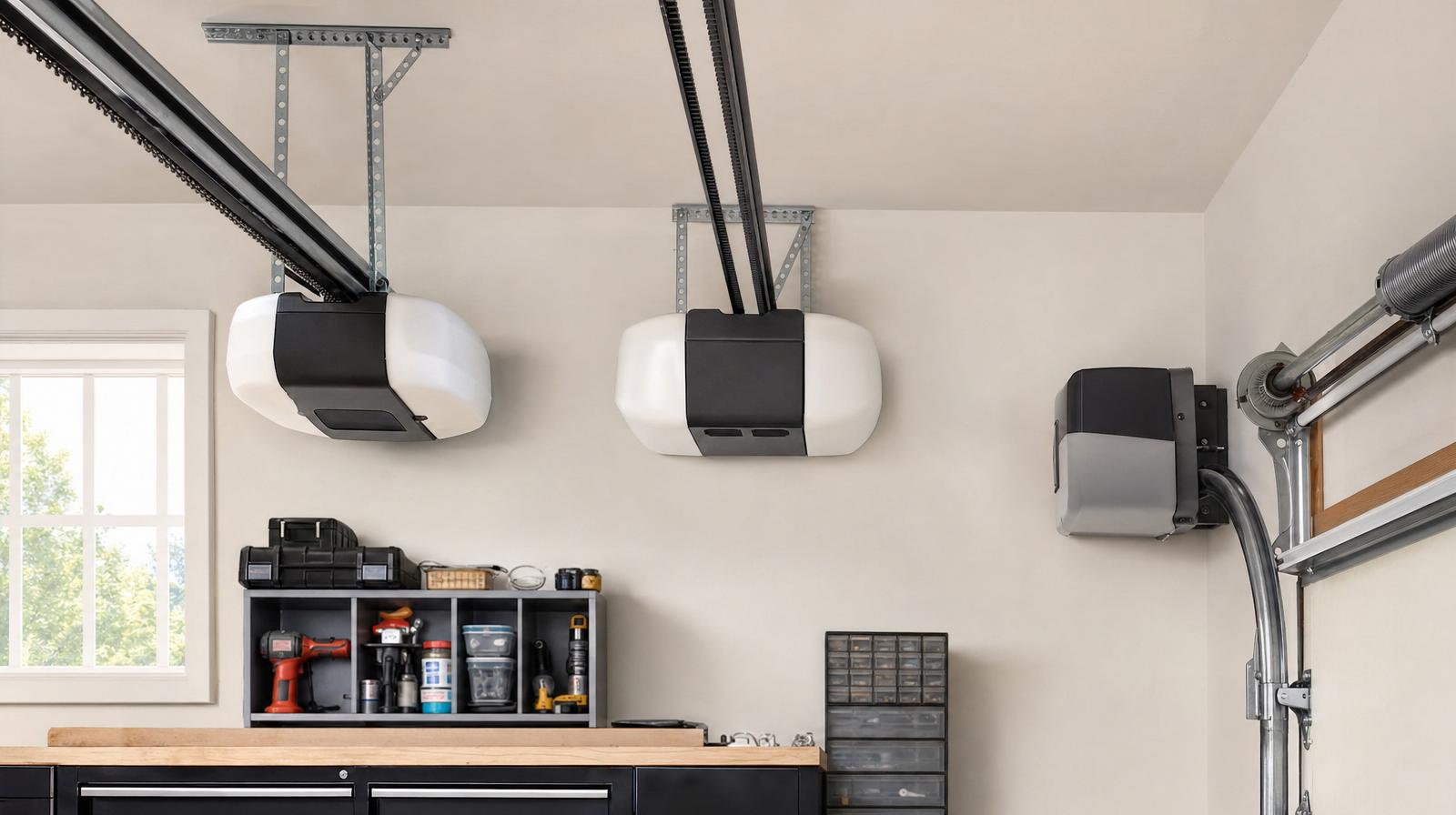 Three garage door opener motors mounted side by side for comparison