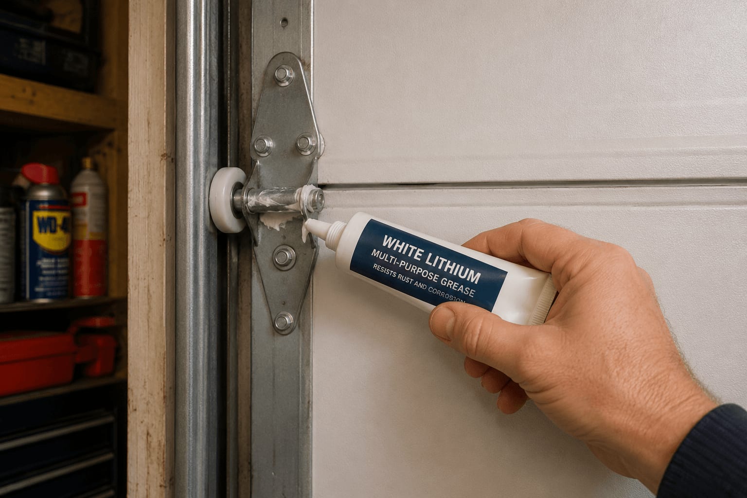 A hand applying white lithium grease to a garage door hinge from a small white tube, with a blue-and-yellow can of WD-40 visible on the shelf in the background — the wrong lubricant sitting right beside the right one.