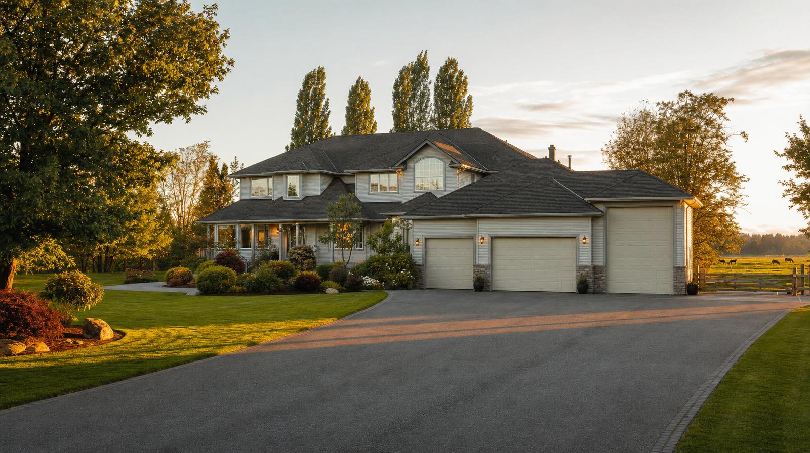 Semi-rural Langley property with a three-car garage and long paved driveway