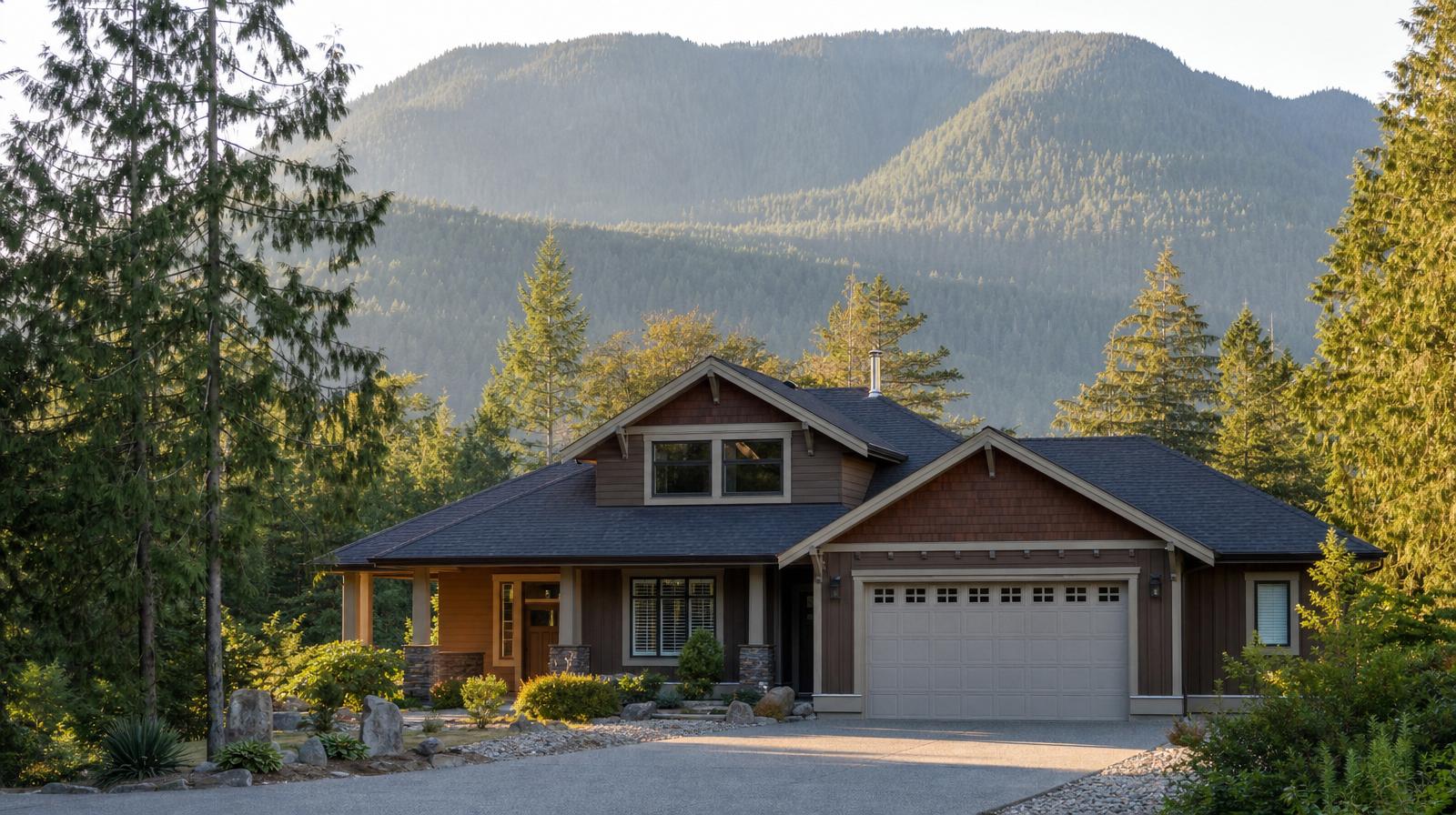 Maple Ridge home with forested Coast Mountain foothills behind