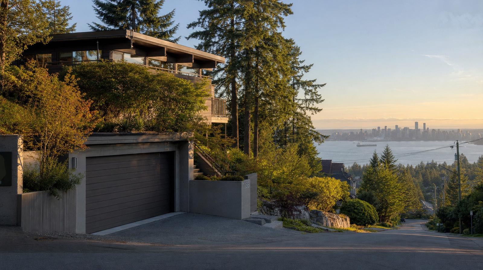 North Vancouver hillside home with cedar trees and a glimpse of Burrard Inlet
