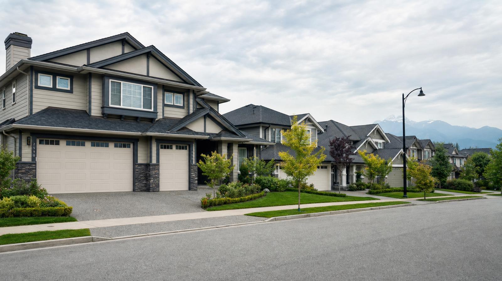 Newer Surrey subdivision home with a three-car garage and wide driveway