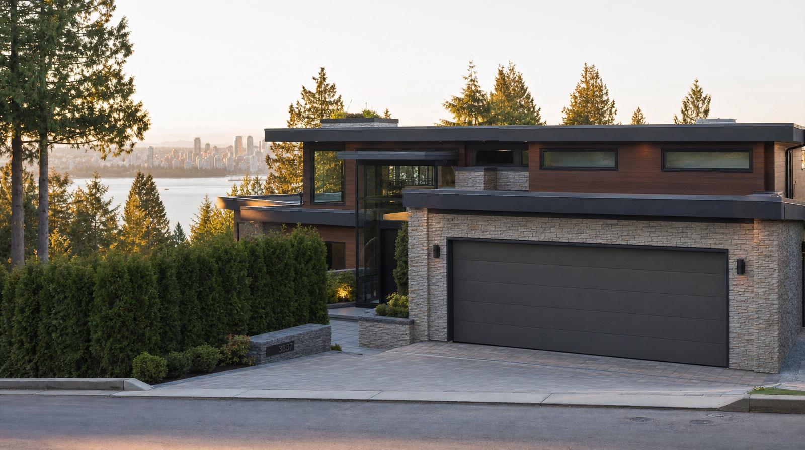 Upscale West Vancouver contemporary home with English Bay visible through the trees