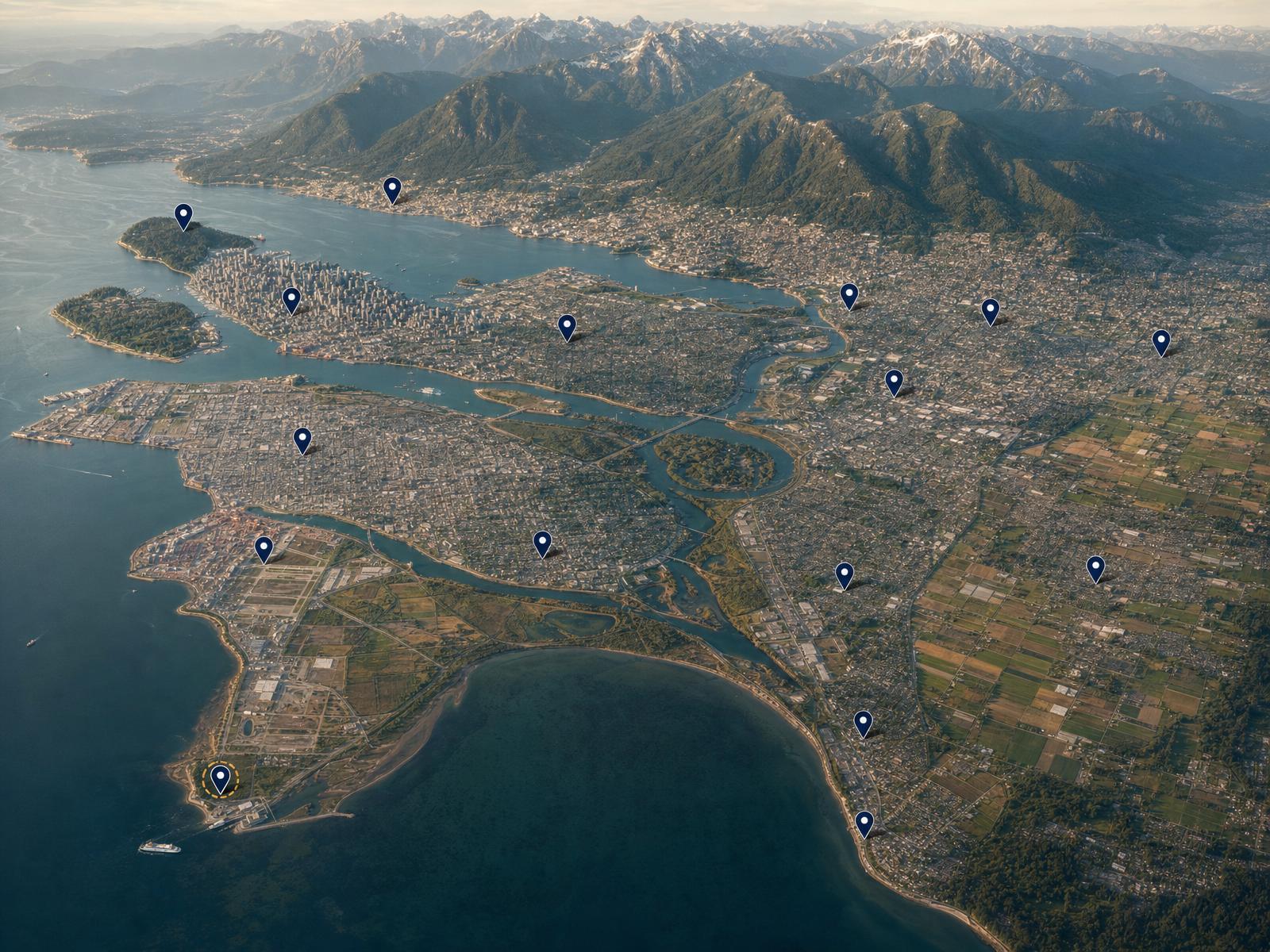 Stylized map of Greater Vancouver showing the 16 served cities marked with navy pins, the Strait of Georgia, and the North Shore mountains